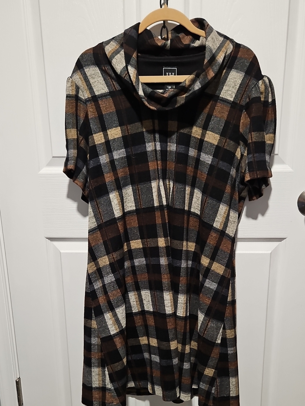 Plaid Cowl Neck Tunic in Brown and Black